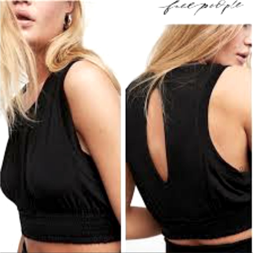 FREE PEOPLE BLACK CROPPED TANK TOP, BEACH, KEYHOLE CUTOUT BACK, ELASTIC WAIST